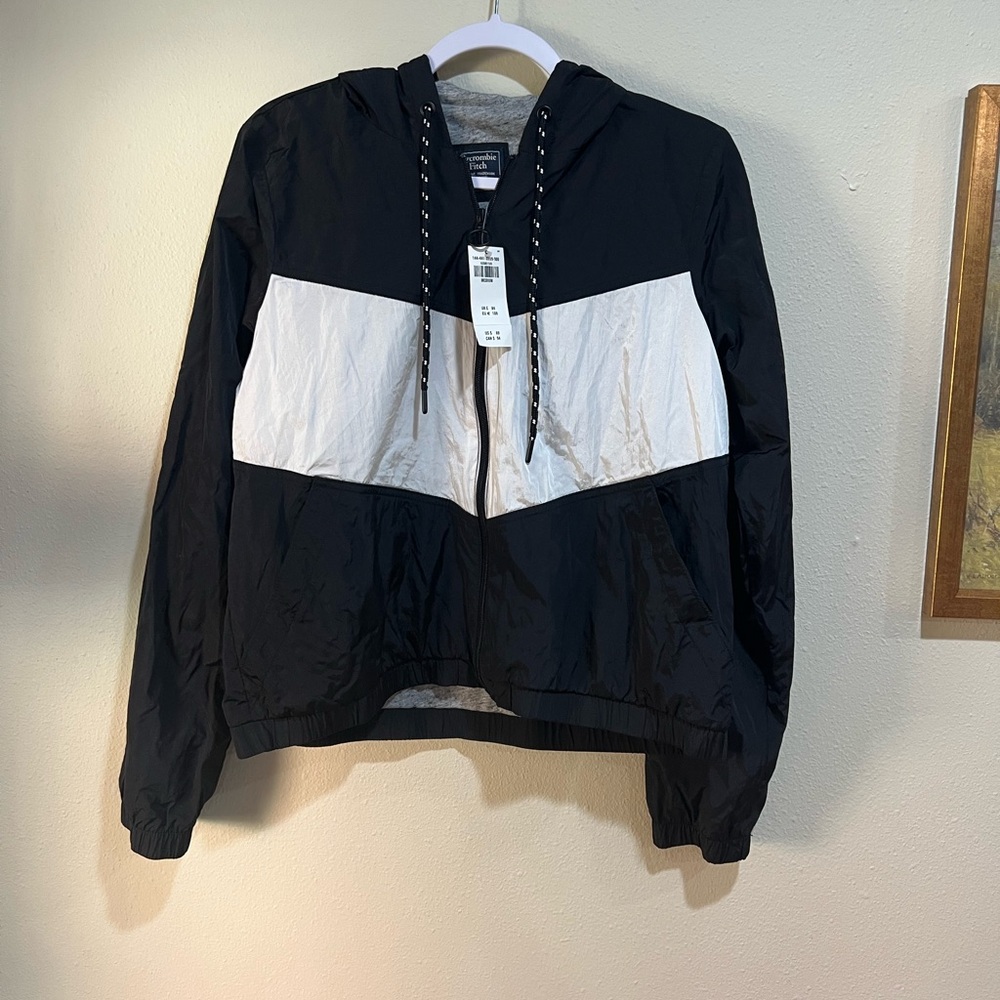 Abercrombie & Fitch Black and White Hooded Windbreaker Jacket
